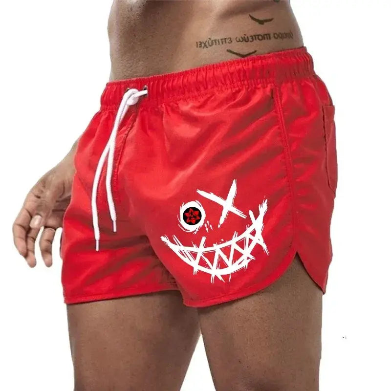 Men's red Simples Market board shorts with white drawstring and a large white smile graphic