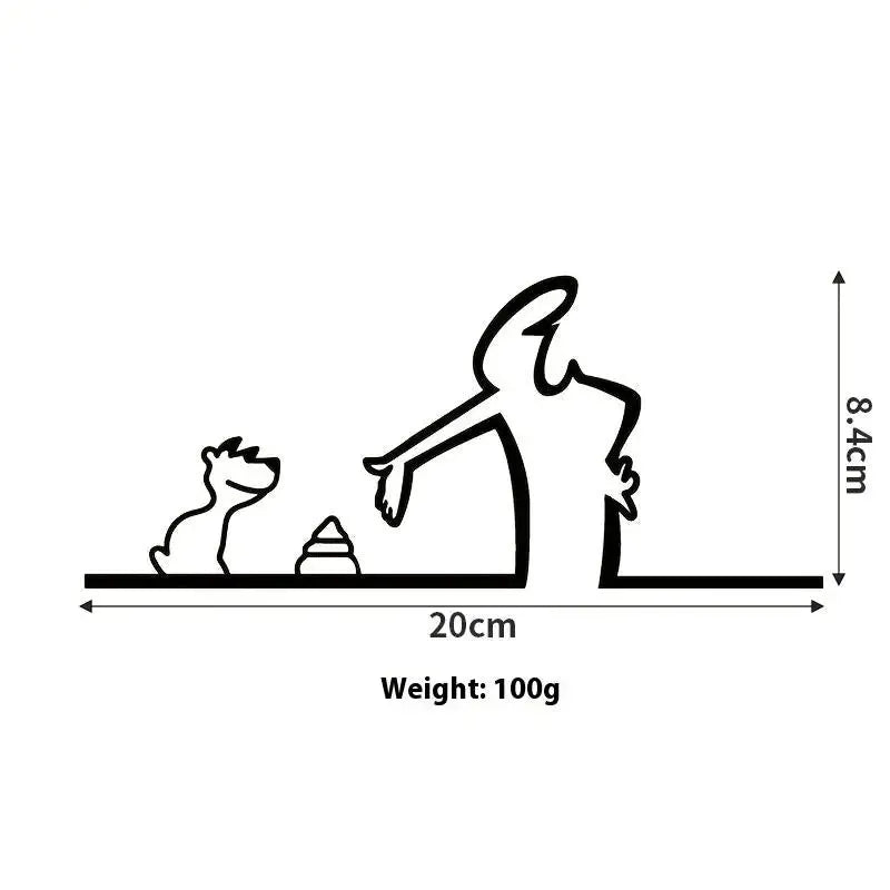 Simples Market black metal wall art aluminum plate; minimalist line drawing of a person with a pet, 20 cm wide by 8.4 cm high