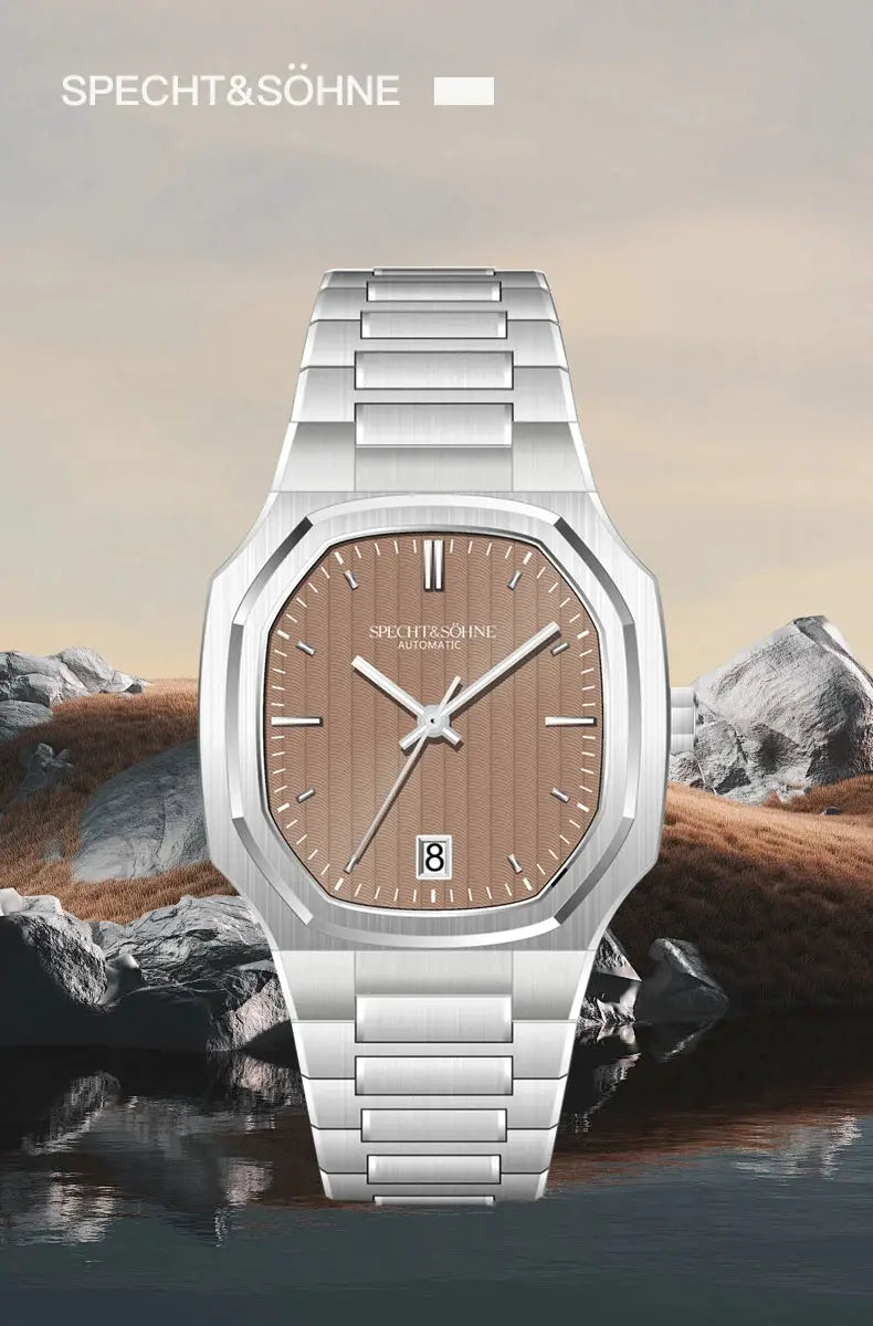 Specht&Söhne 37mm automatic men's watch with brown dial, stainless steel bracelet, sapphire crystal, 50m water resistance, date display