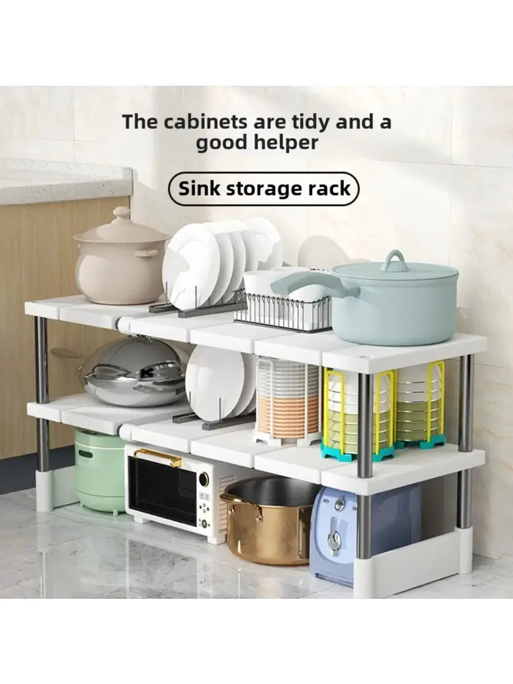 Stackable storage rack organizer with white shelves and metal poles; holds dishes, pots, and cookware in a kitchen