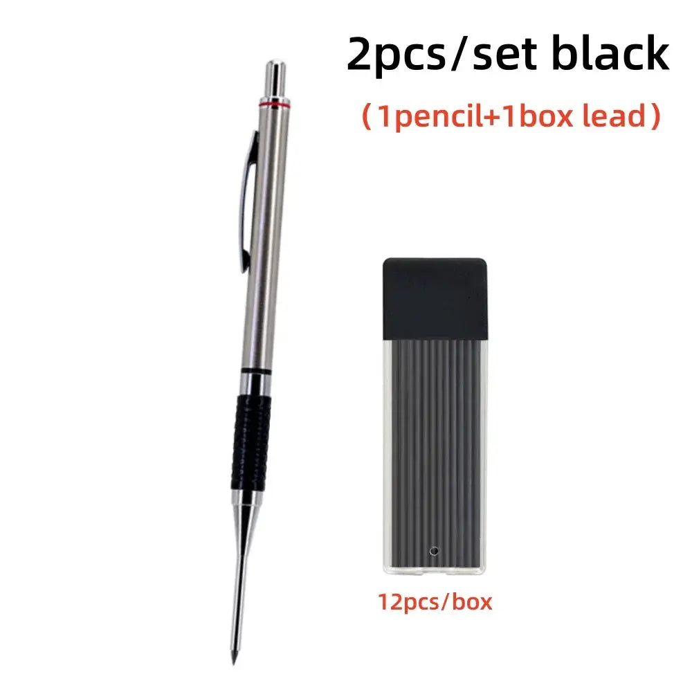 Simples Market 2-piece woodworking mechanical pencil set with anti-slip grip, silver body, and lead box