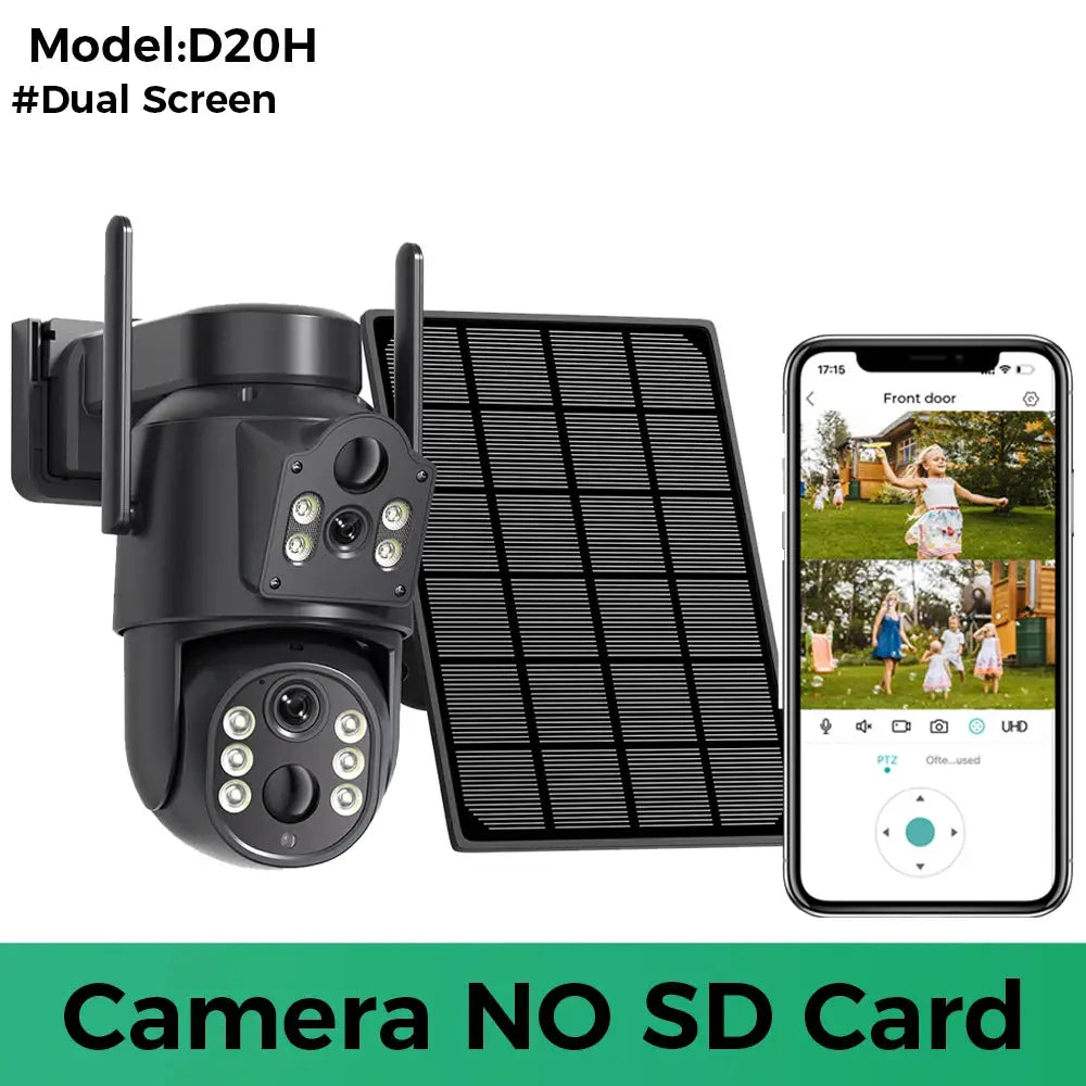D20H dual-lens solar WiFi security camera with solar panel and mobile app