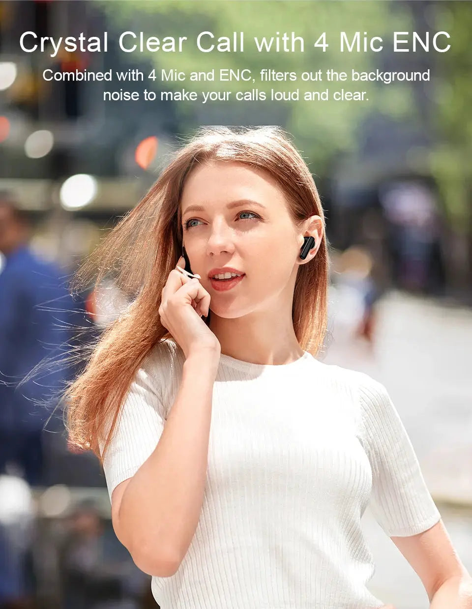 QCY T13 ANC wireless earbuds, black in-ear headphones worn by a woman outdoors