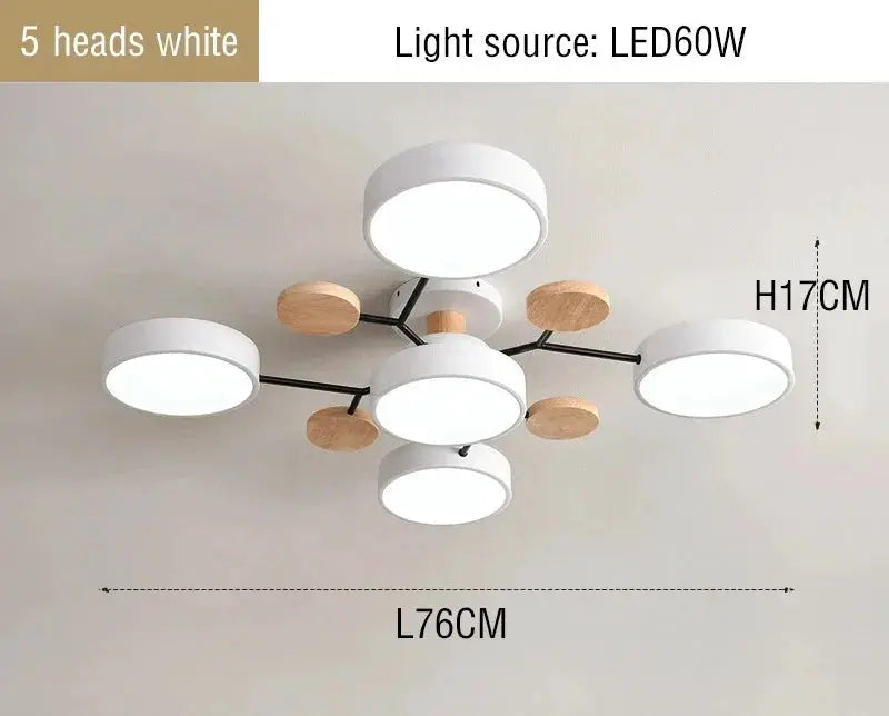 5-head white LED chandelier by Simples Market; wood-accented circular lights, Nordic ceiling pendant lamp