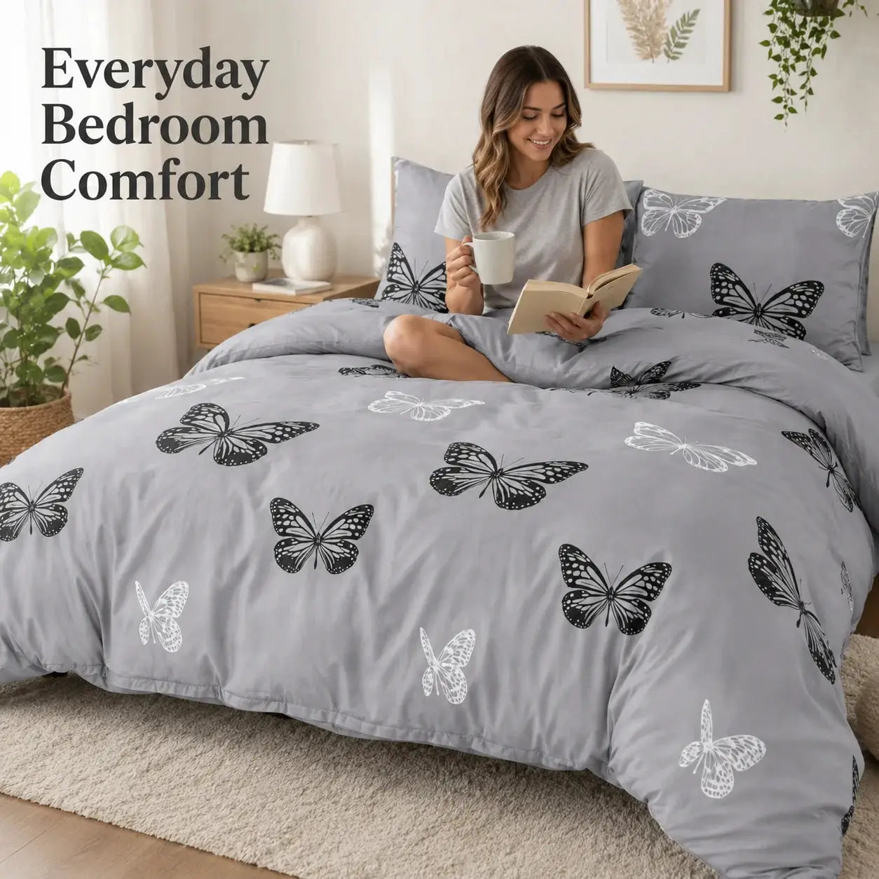 3-piece gray butterfly duvet cover set with pillowcases on a bed