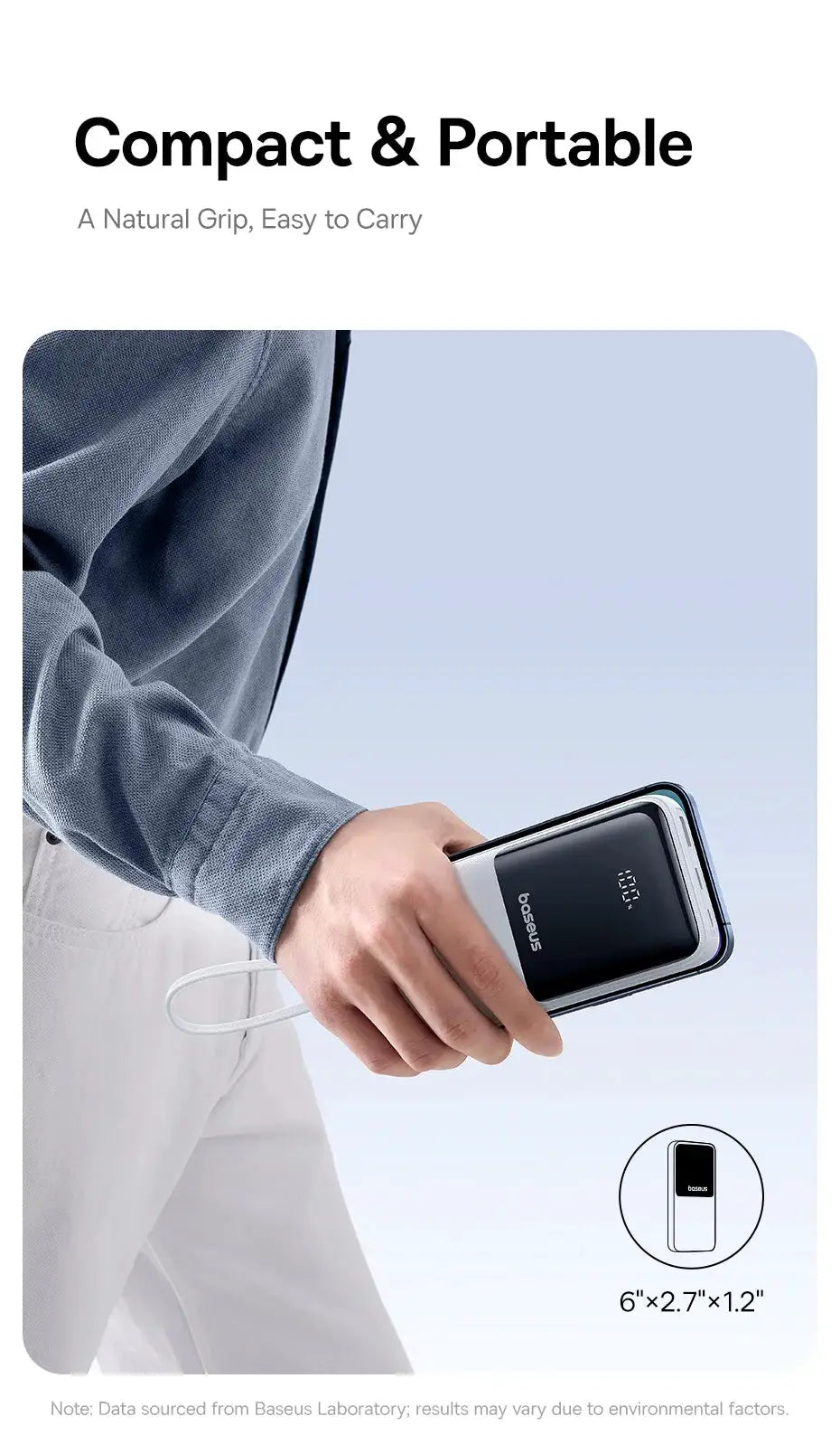 Baseus 20000mAh PD power bank, compact black portable charger held in hand
