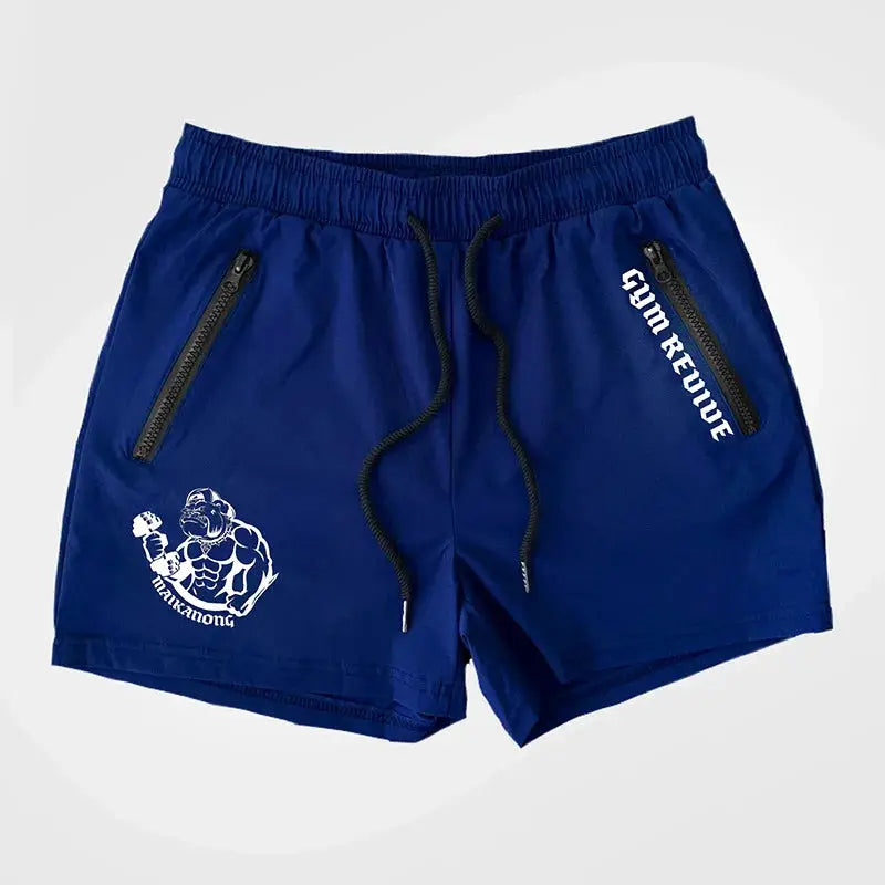 Men's blue gym shorts with quick-dry fabric, side double-zip pockets, drawstring waist, and white left-leg graphic.