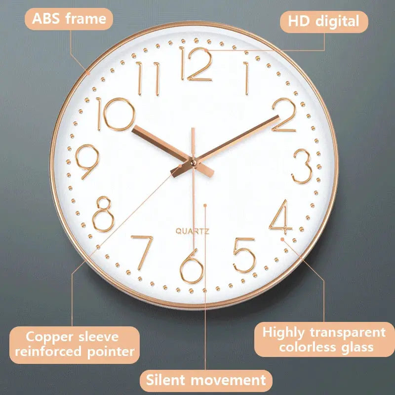 8/12 inch mute quartz wall clock with white dial, gold-tone frame, and gold hands