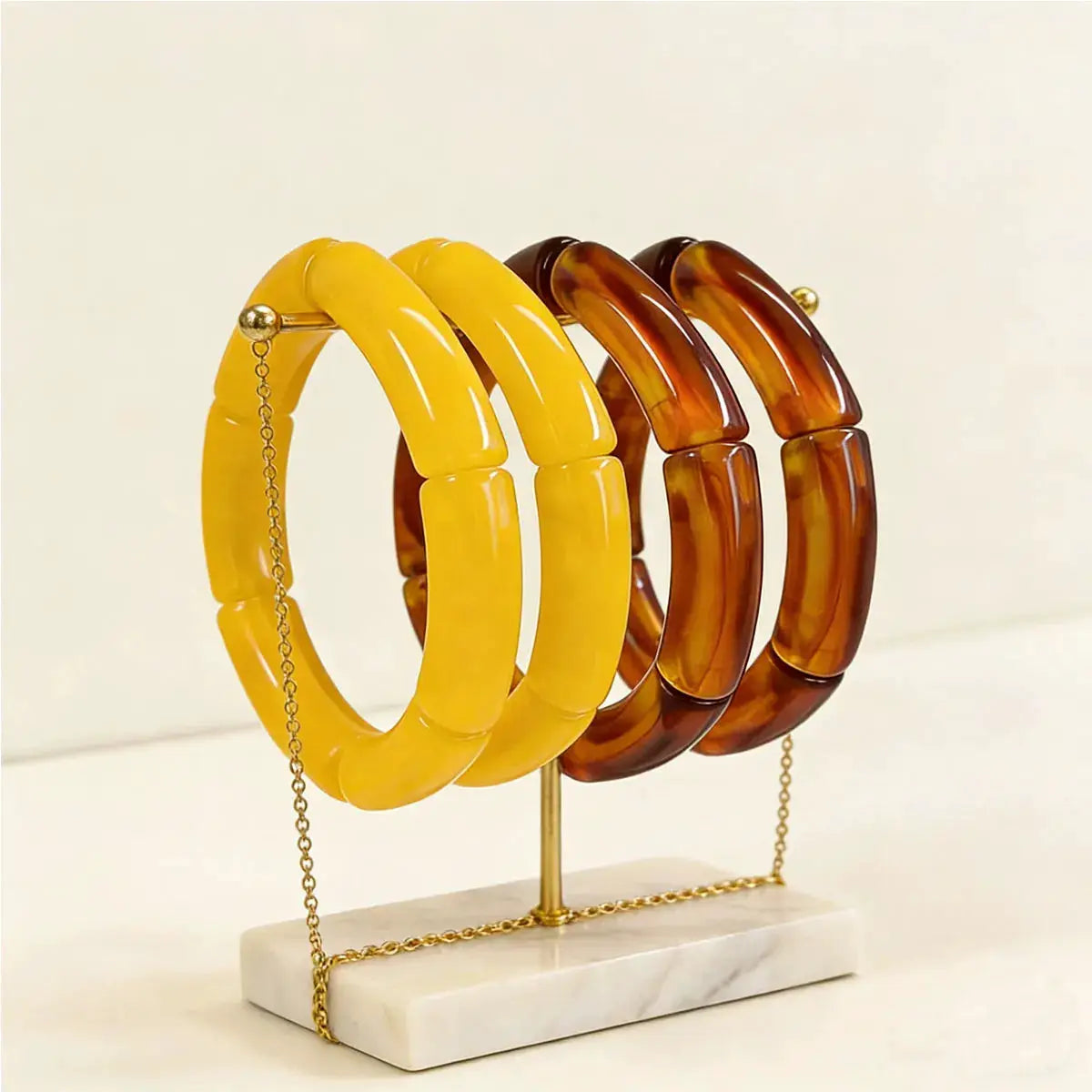 Resin Amber Bamboo Bead Elastic Bracelets 4 Piece Set Handmade Bangles Designer Jewelry 2024 Trendy