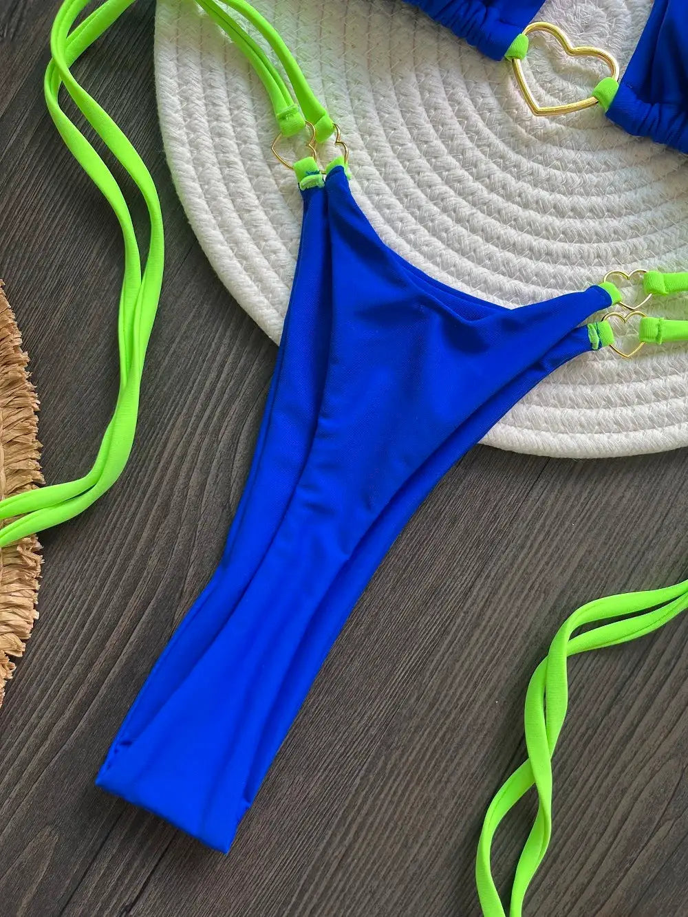 RUOTONSEPT blue bikini bottom with neon-green straps and gold heart rings, solid two-piece swimsuit