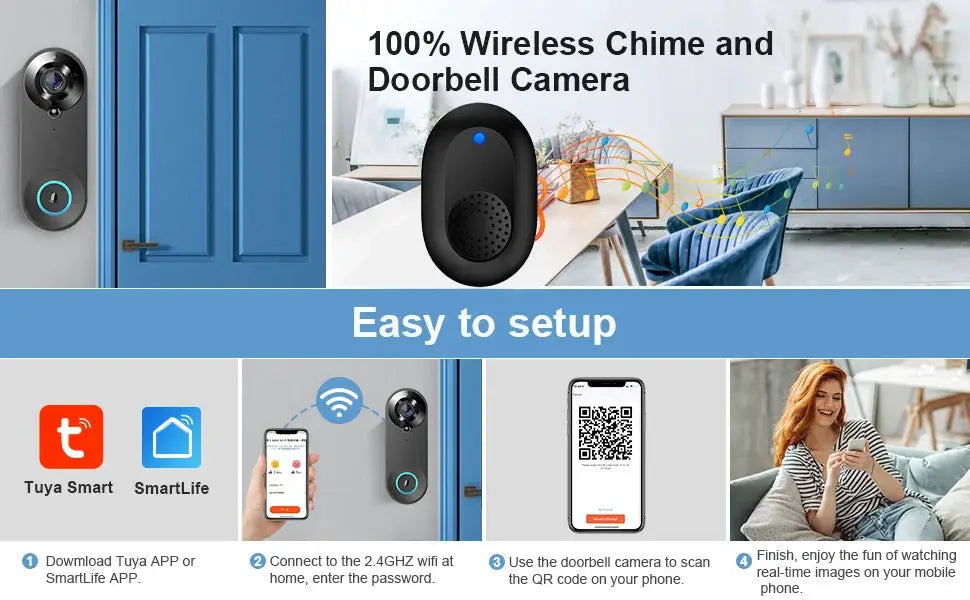 1080P wireless video doorbell camera in black with Tuya Smart branding, motion detection and night vision