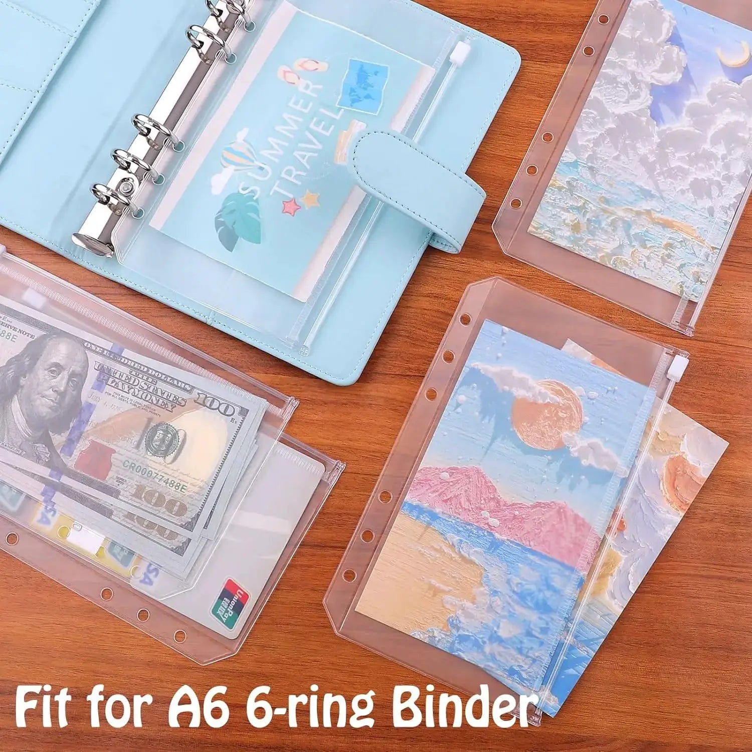 Simples Market 8-pack PVC binder pockets in blue; clear zipper pouches for A5/A6/A7 binders, money organizer