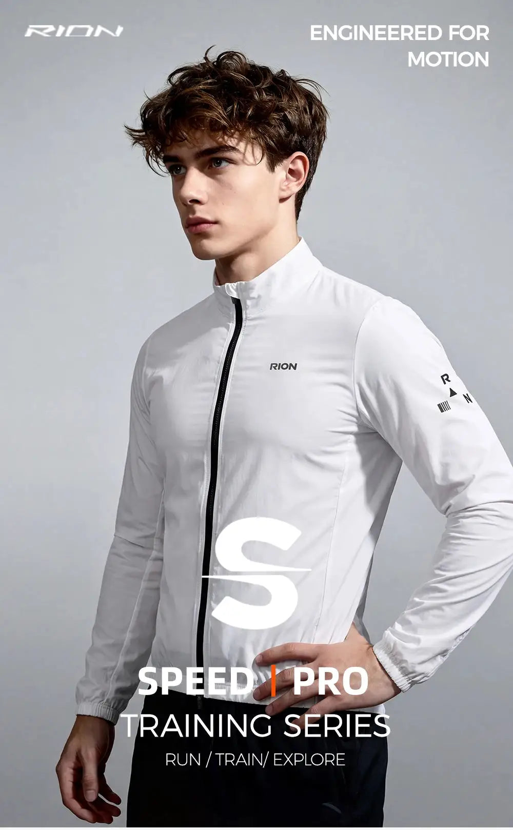 RION white men's long-sleeve windbreaker jacket, lightweight windproof coat UPF 50+ for hiking and cycling
