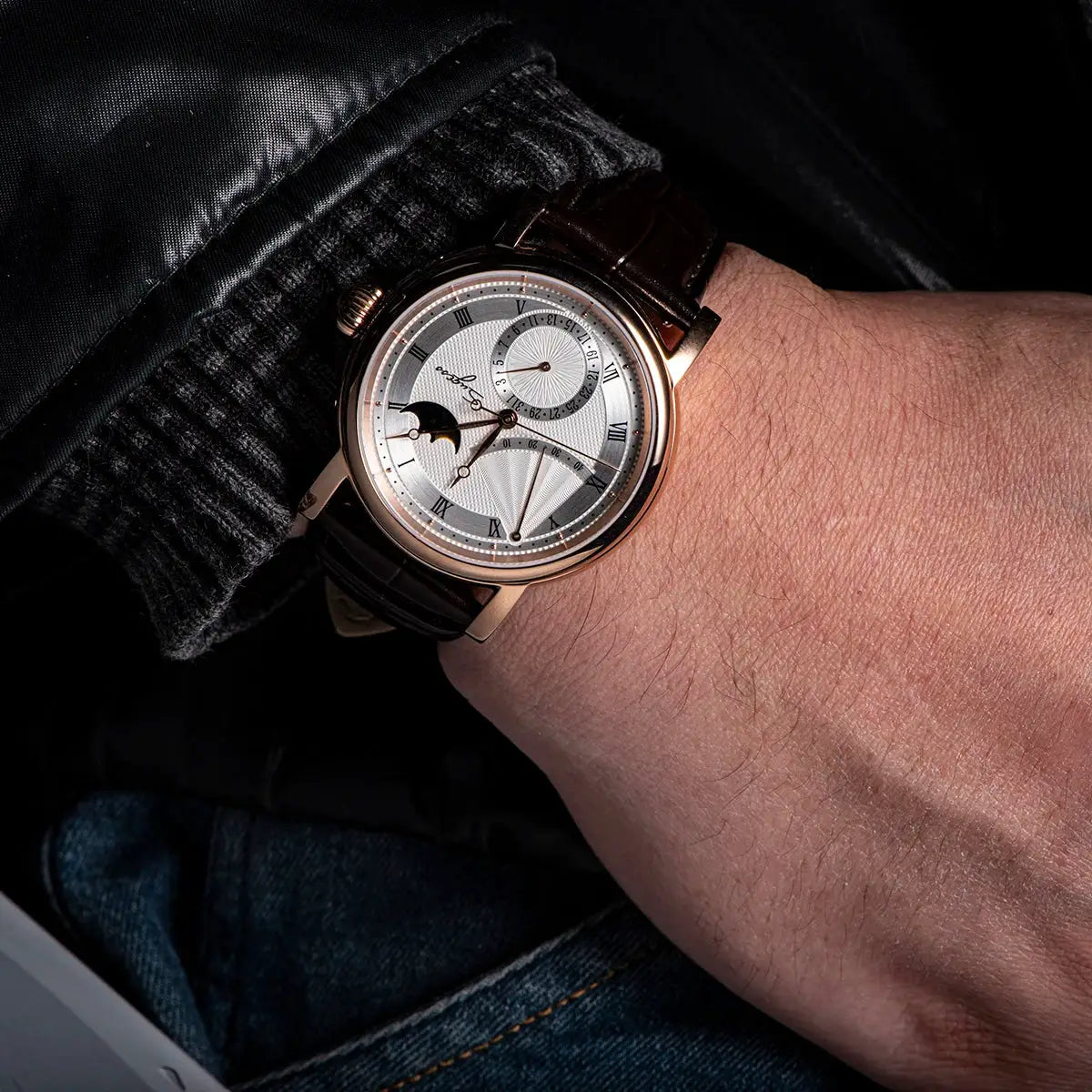 Sugess Moonphase men's watch with rose-gold case, silver dial, Roman numerals, brown leather strap
