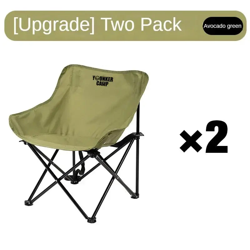 Two olive-green outdoor folding camping chairs with black metal frames, two-pack
