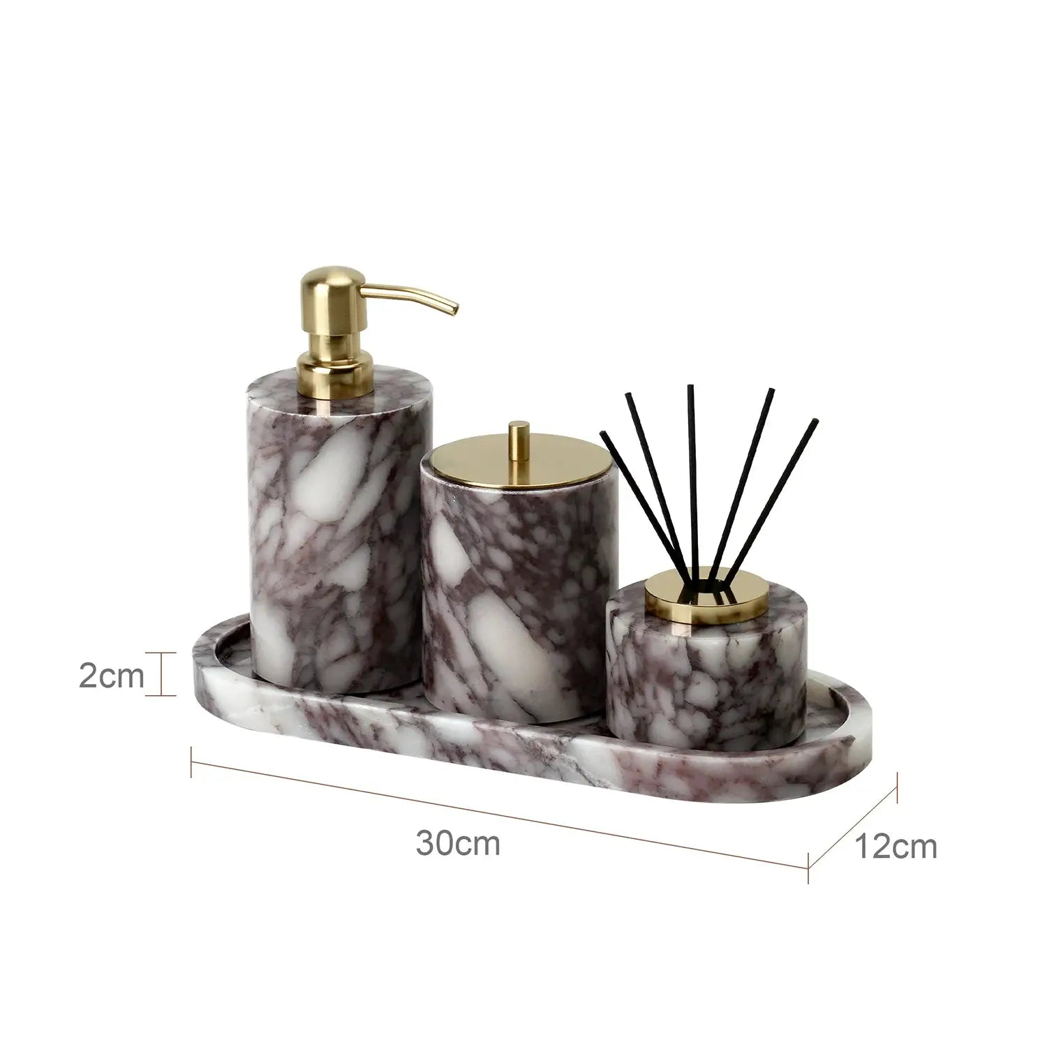 Calacatta Viola marble bathroom set by Simples Market; three-piece with soap dispenser, cotton swabs jar, diffuser tray