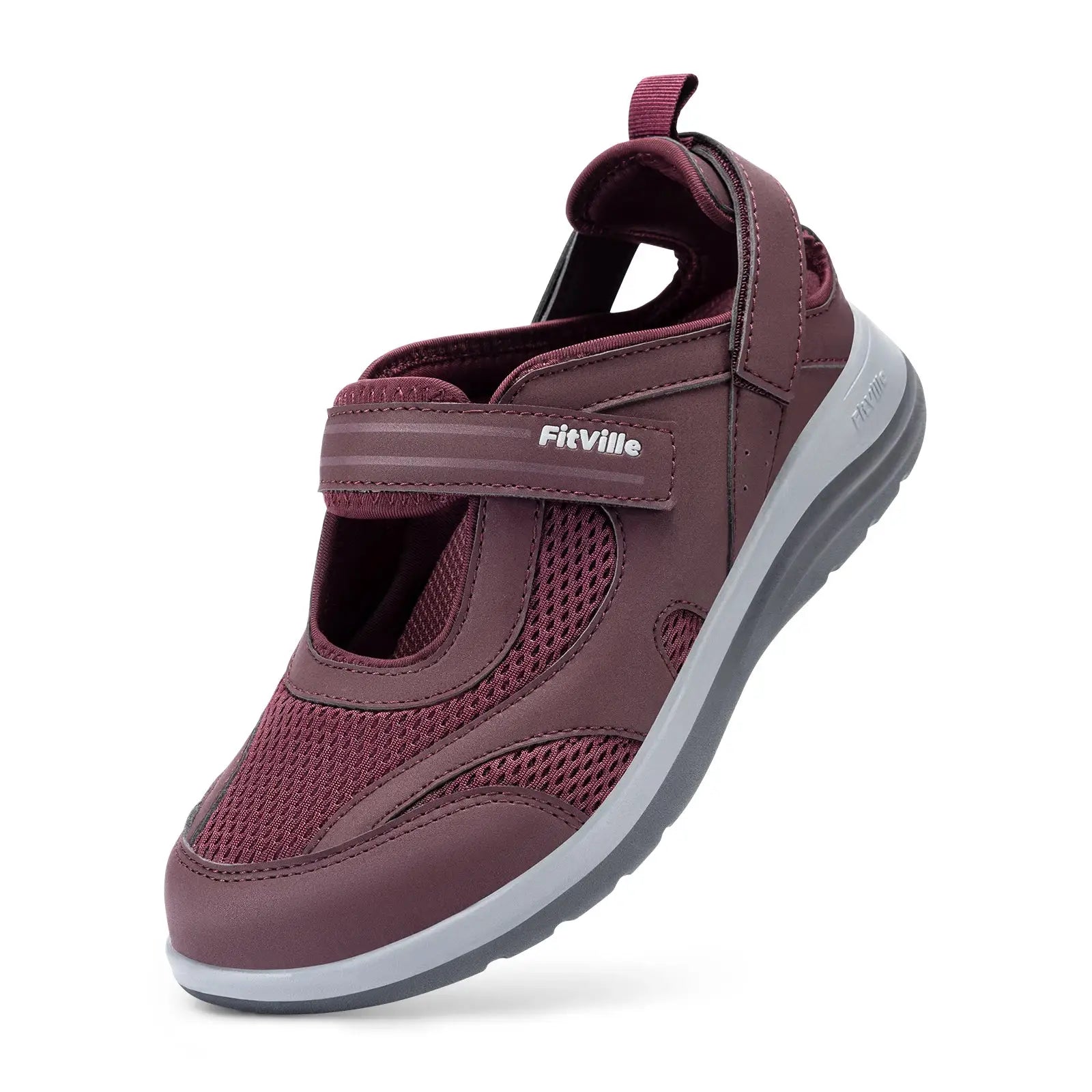 FitVille women's sandal with widened toe, burgundy mesh upper and Velcro strap, gray sole