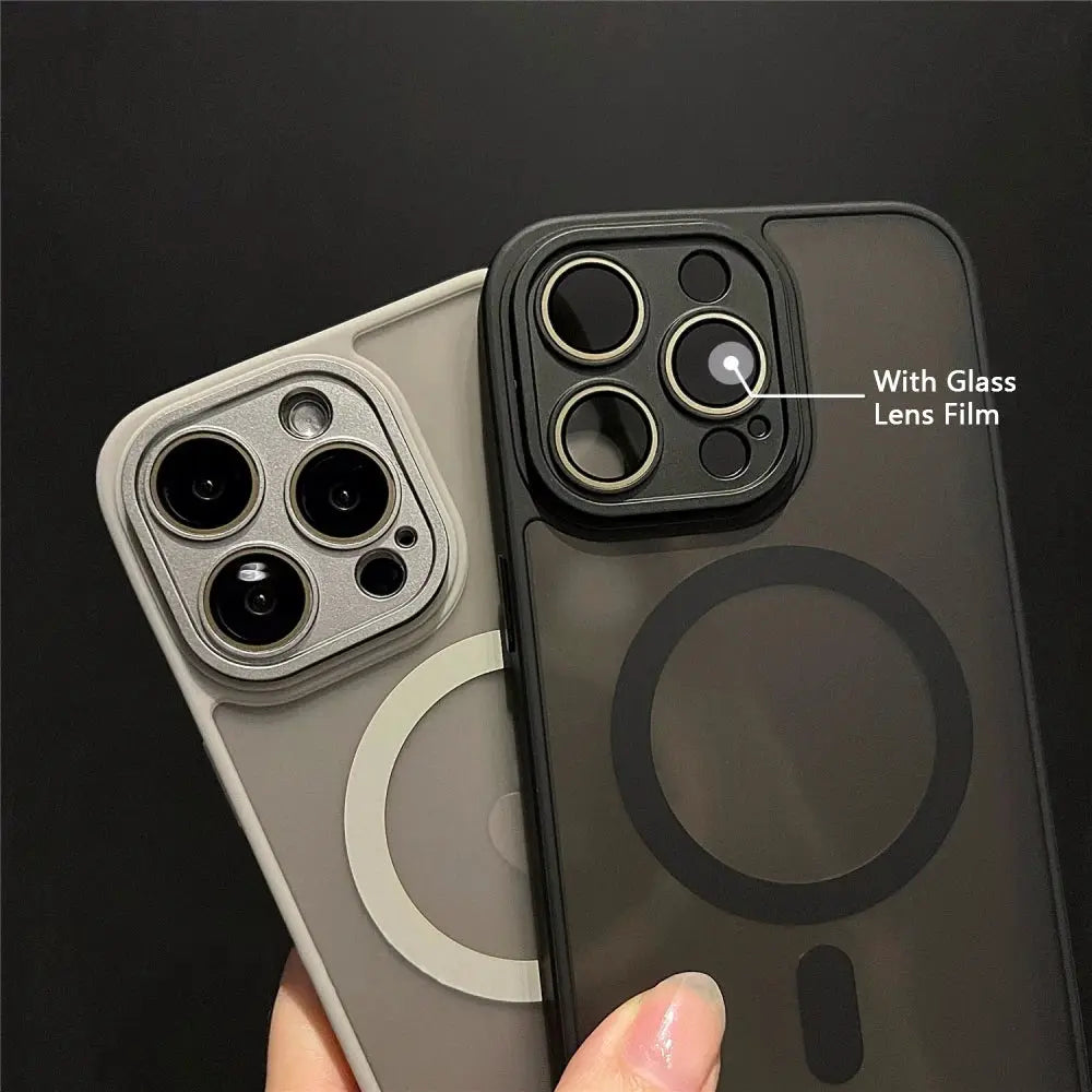 Two luxury matte MagSafe iPhone cases in black and gray; shockproof.