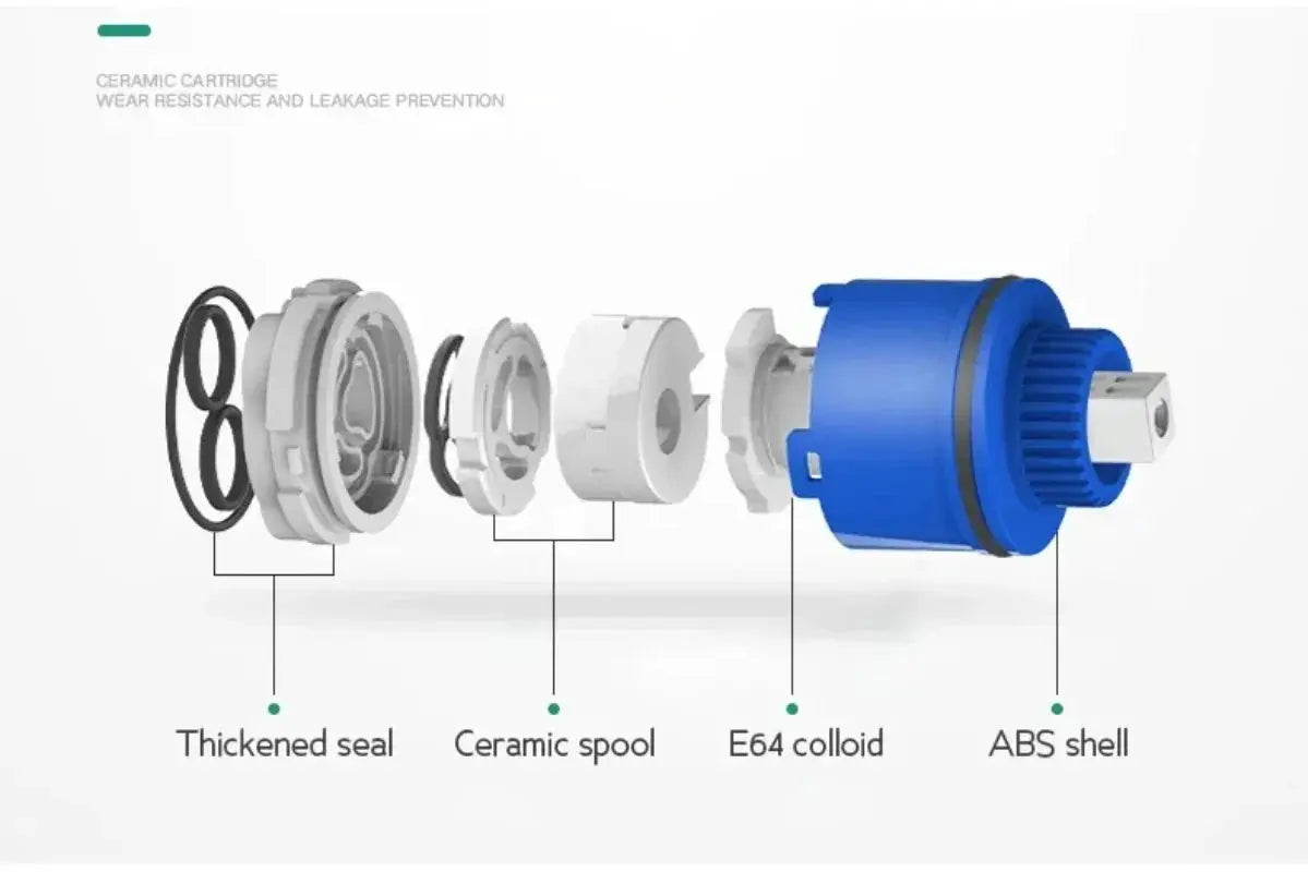 Exploded view of blue kitchen faucet cartridge with ceramic spool, seals and ABS shell