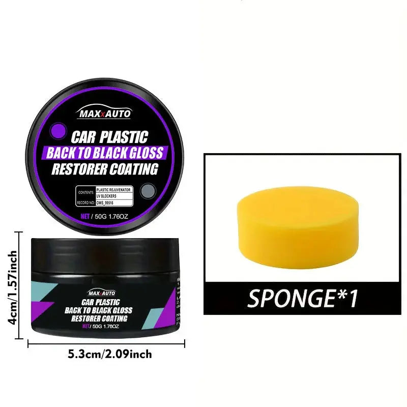 Car plastic back-to-black gloss restorer wax jar and yellow sponge by Max Auto