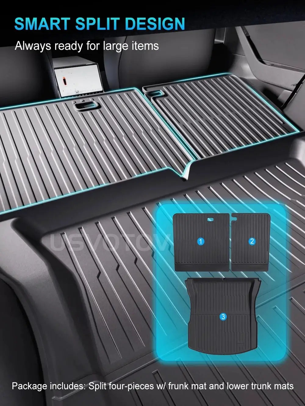 Simples Market four-piece TPE trunk mat set for Tesla Model 3 Highland (2024–2026); includes frunk and lower trunk mats.