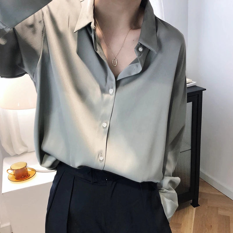 All Match Satin Finish Blouse For Women Turn Down Collar Three Quarter Sleeves Office And Casual Wear