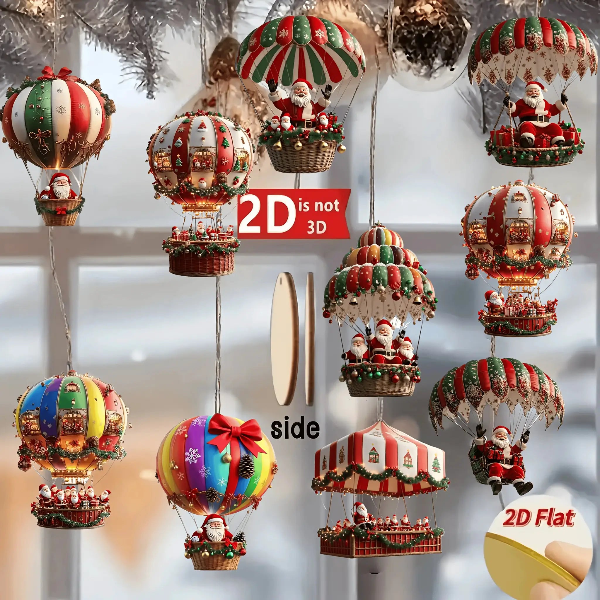 10 Piece Christmas Wooden Pendants Set 2D Flat Hot Air Balloon Santa Claus For Christmas Tree Decoration And Gift