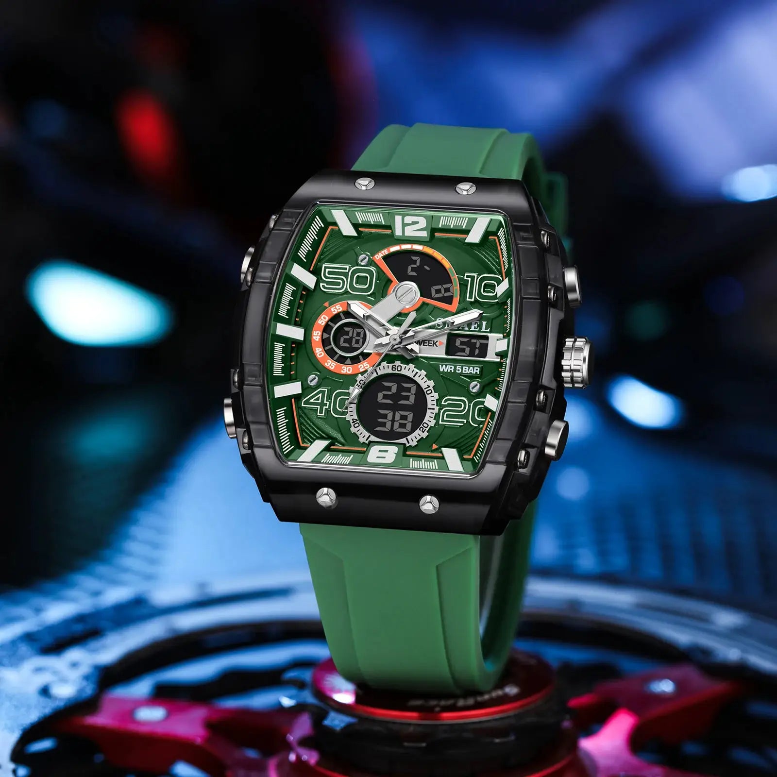 SMAEL 8109 square dual-display sport watch with green dial, black case, and green silicone strap