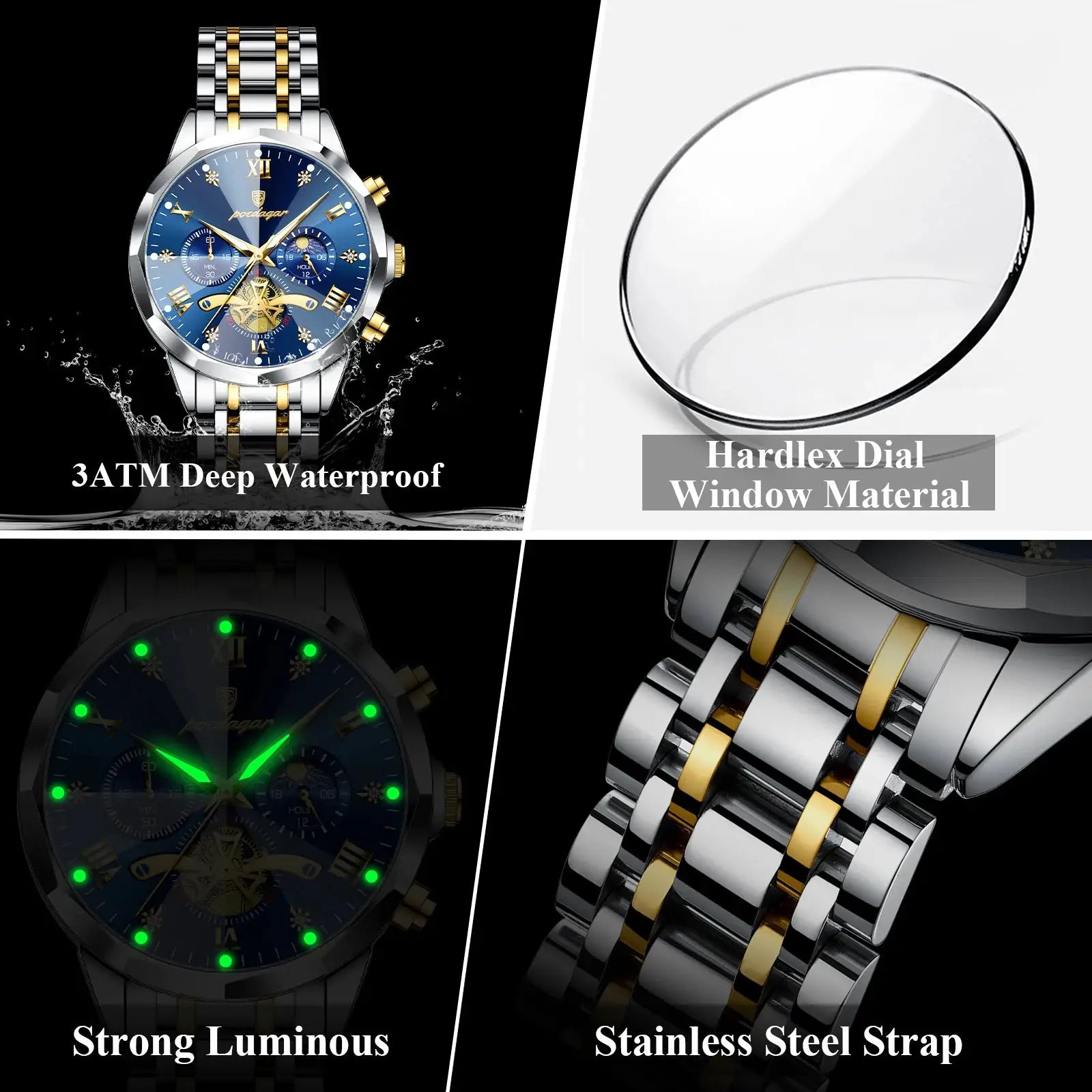 POEDAGAR Exquisite Business Mens Watch Waterproof Luminous Chronograph Luxury Stainless Steel Quartz Wristwatch