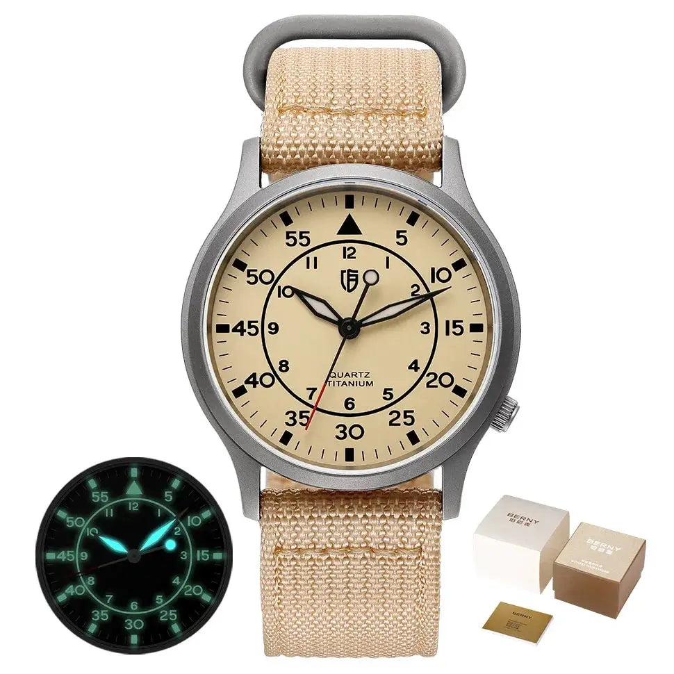 BERNY titanium men's watch with beige dial and tan fabric strap; luminous hands, 5ATM water resistant, packaging boxes