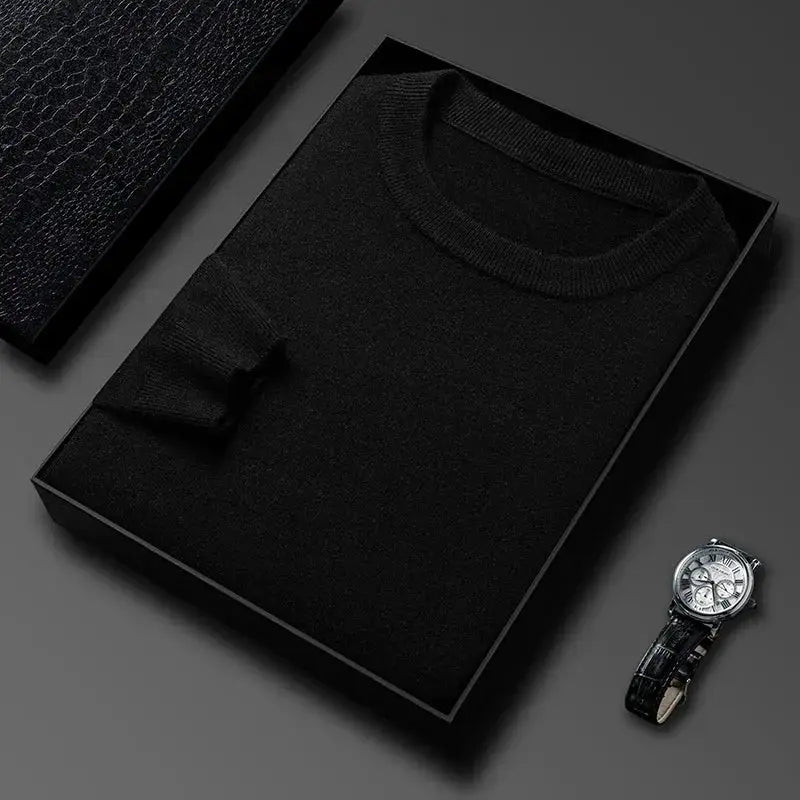 Men's black round-neck knitted sweater; long sleeves, versatile casual top.