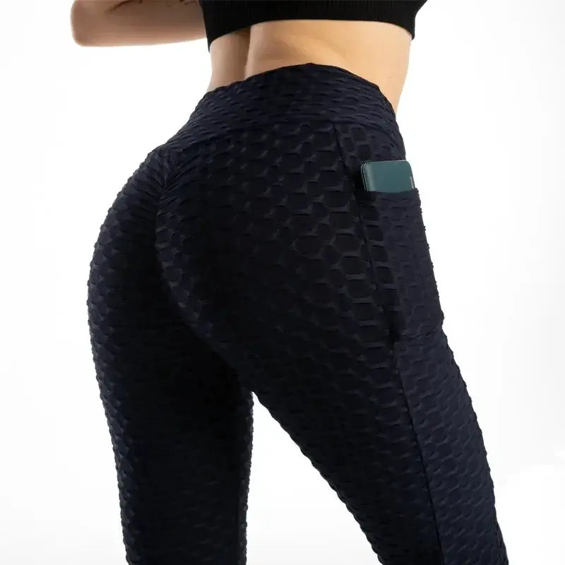Simples Market women's navy pocket bubble leggings with textured fabric, high waist, phone pocket.