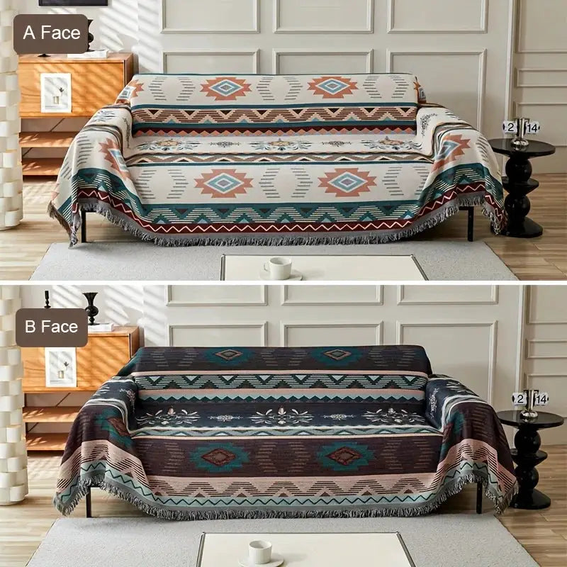 Simples Market ethnic sofa cover, two-faced geometric pattern in teal/cream and brown/blue, pet-friendly living room decor