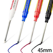 4-piece deep-hole marker pen set with long nibs, 45mm tips in white/blue/red/black, waterproof for woodworking
