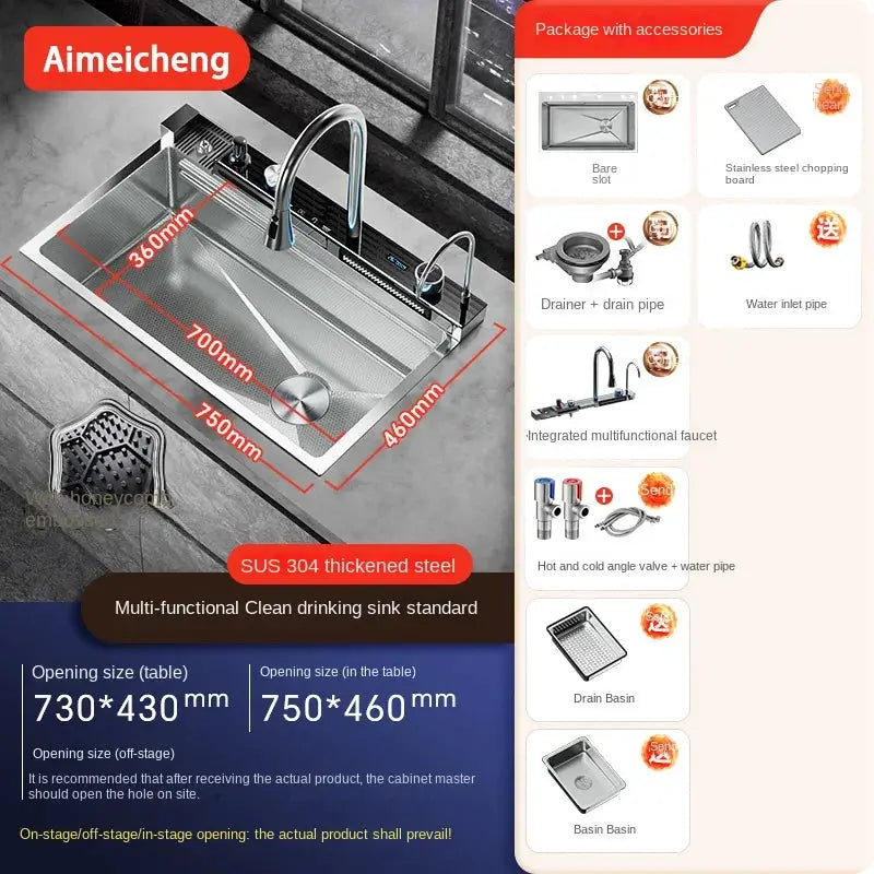 Aimeicheng stainless steel integrated waterfall kitchen sink with multi-functional faucet and drain grid