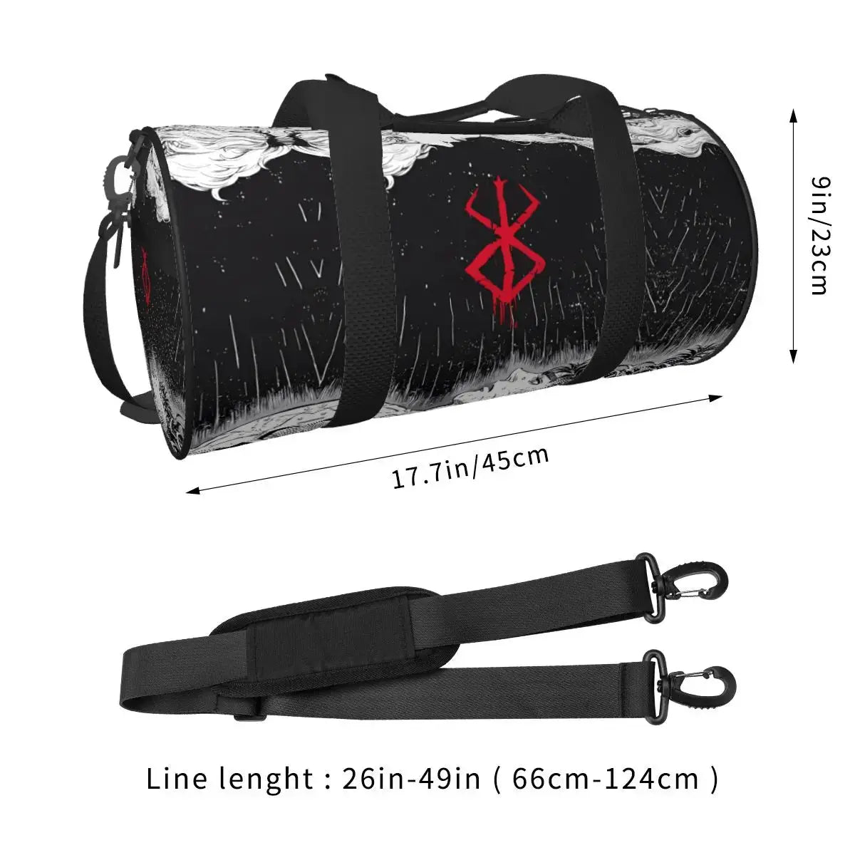 Japan anime Berserk gym bag, black cylindrical duffel with red sigil, waterproof large capacity with detachable strap.