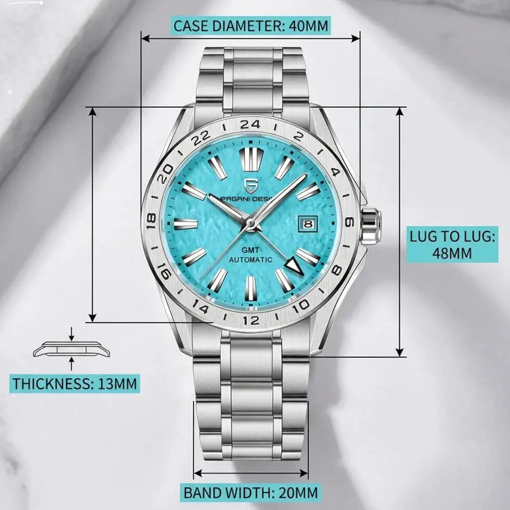 Pagani Design GMT men's stainless steel automatic watch with turquoise dial and bracelet