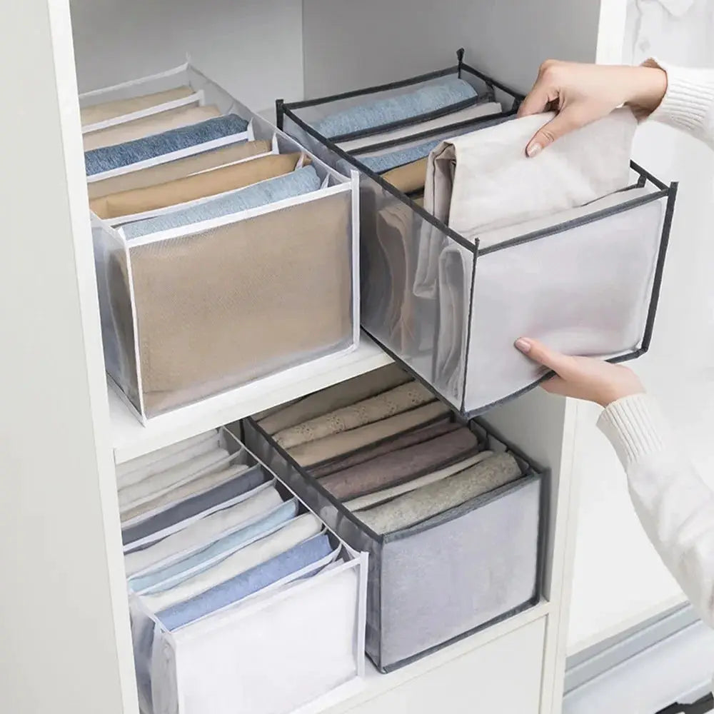 Simples Market closet organizer set with foldable fabric storage boxes; mesh sides in white/gray for underwear and socks.