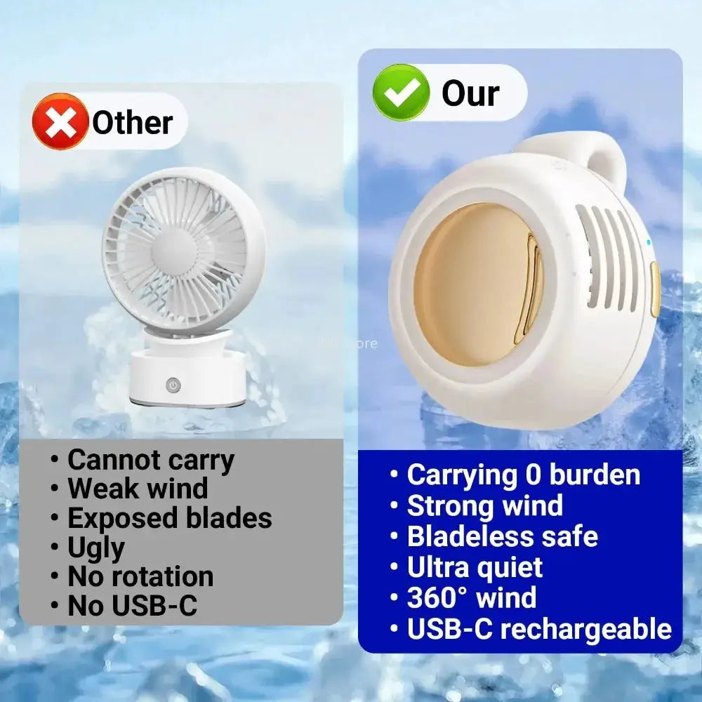 Simples Market portable bladeless clip-on fan, white circular design, USB-C rechargeable, 3-speed outdoor cooling.