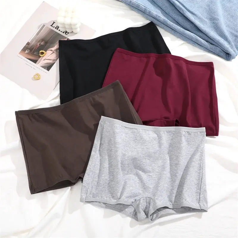 Womens cotton seamless boxer briefs set of 4 in black, burgundy, brown and light gray