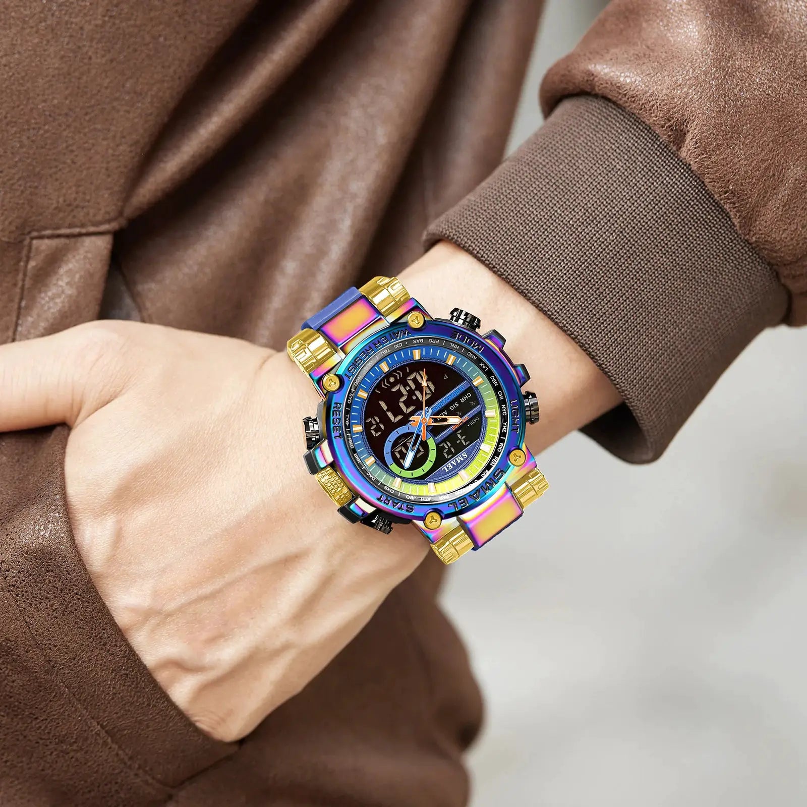 SMAEL 8141 men's digital sport watch with rainbow alloy case, blue dial, and rainbow band 50M water resistant