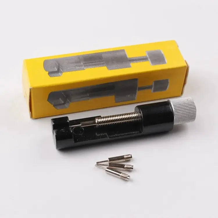 Simples Market metal watch band link pin tool, black body with silver adjustment cap, includes 3 replacement pins