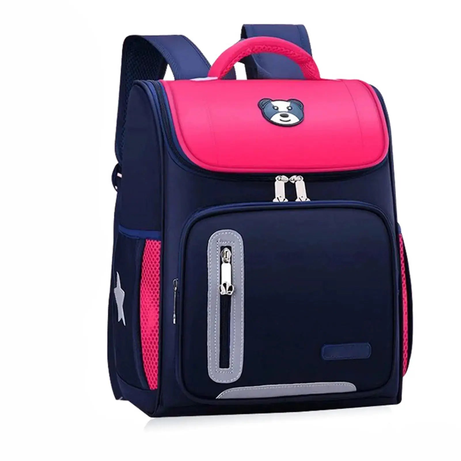 Kids school backpack navy body with pink top flap, bear emblem, and reflective gray zippers