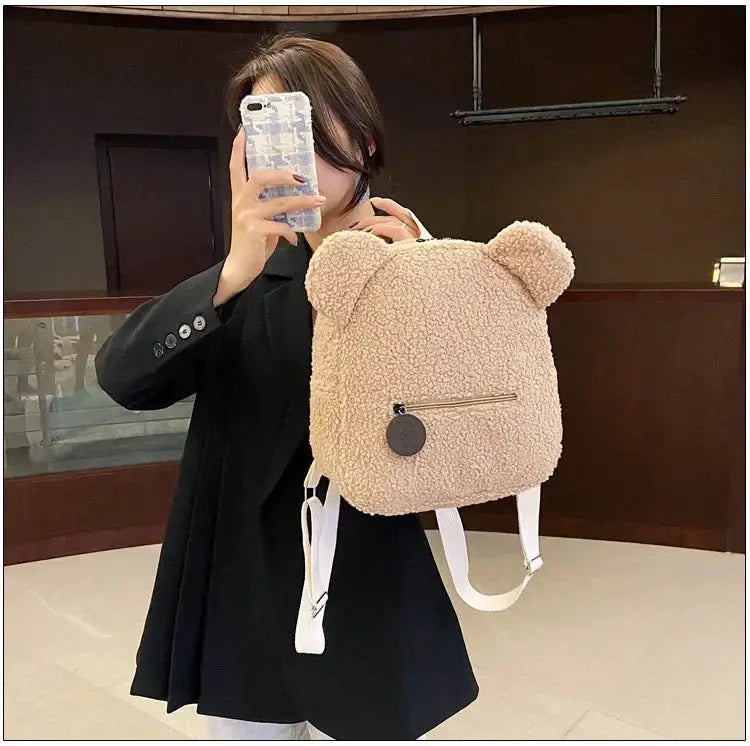 Bear-ear fleece small backpack in beige with zip pocket and white straps