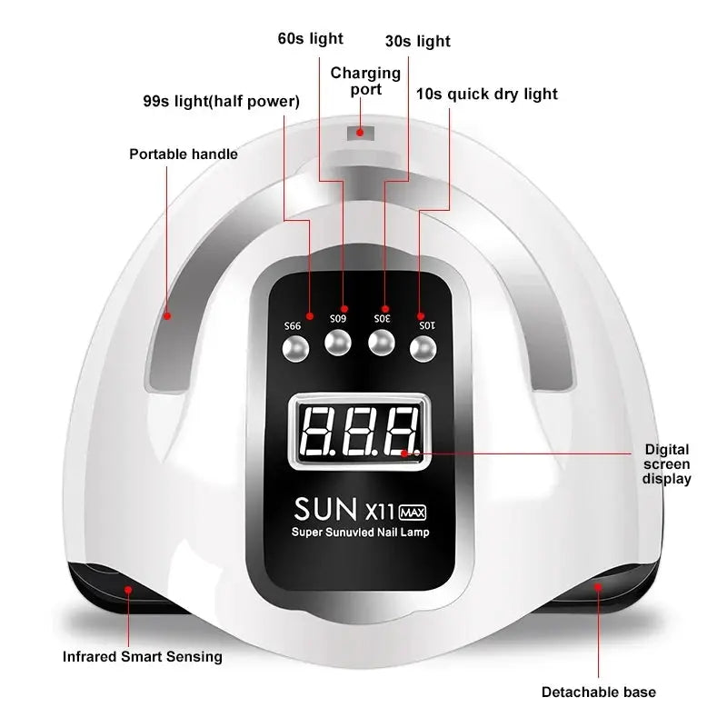 White nail lamp with digital display and detachable base for curing gel and acrylic nails