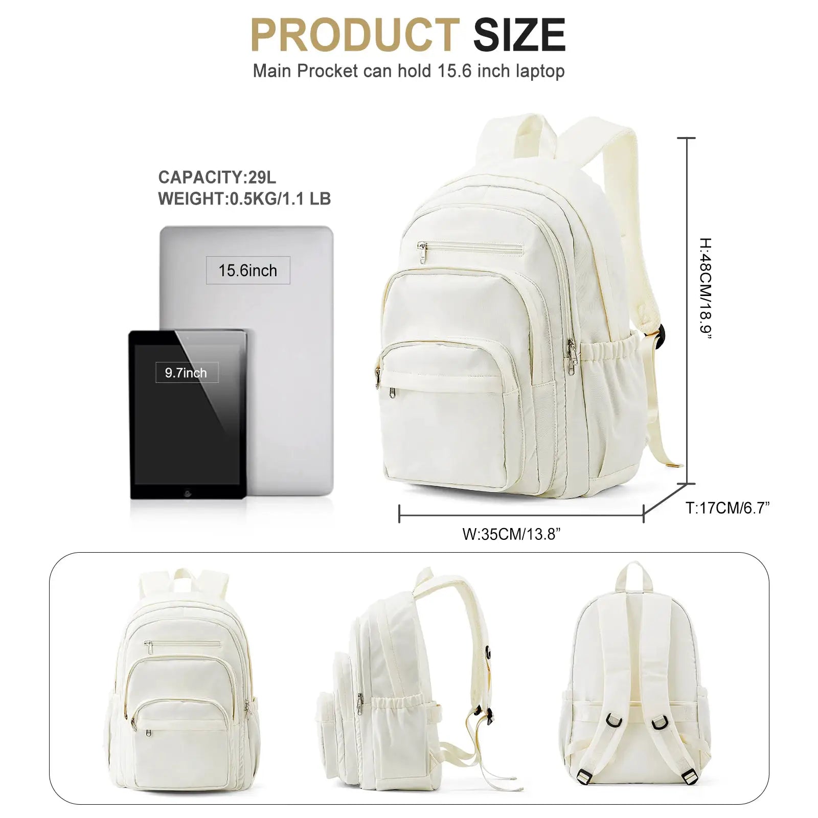 Simples Market cream backpack with multiple pockets for school and travel, teen/kid size.