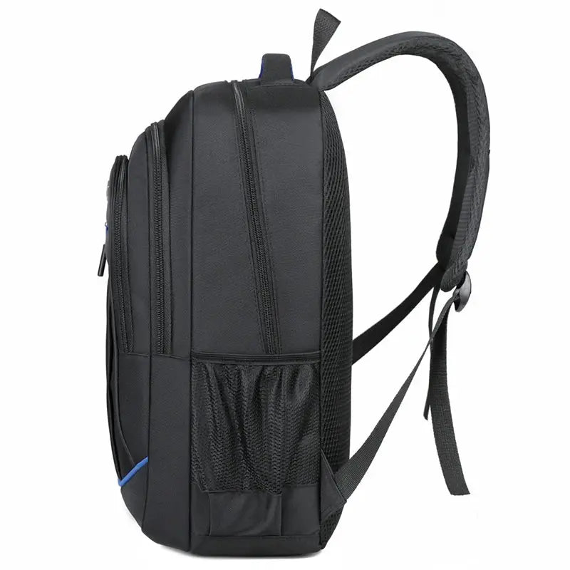 Backpack, black large-capacity bag with multiple compartments and side mesh pocket