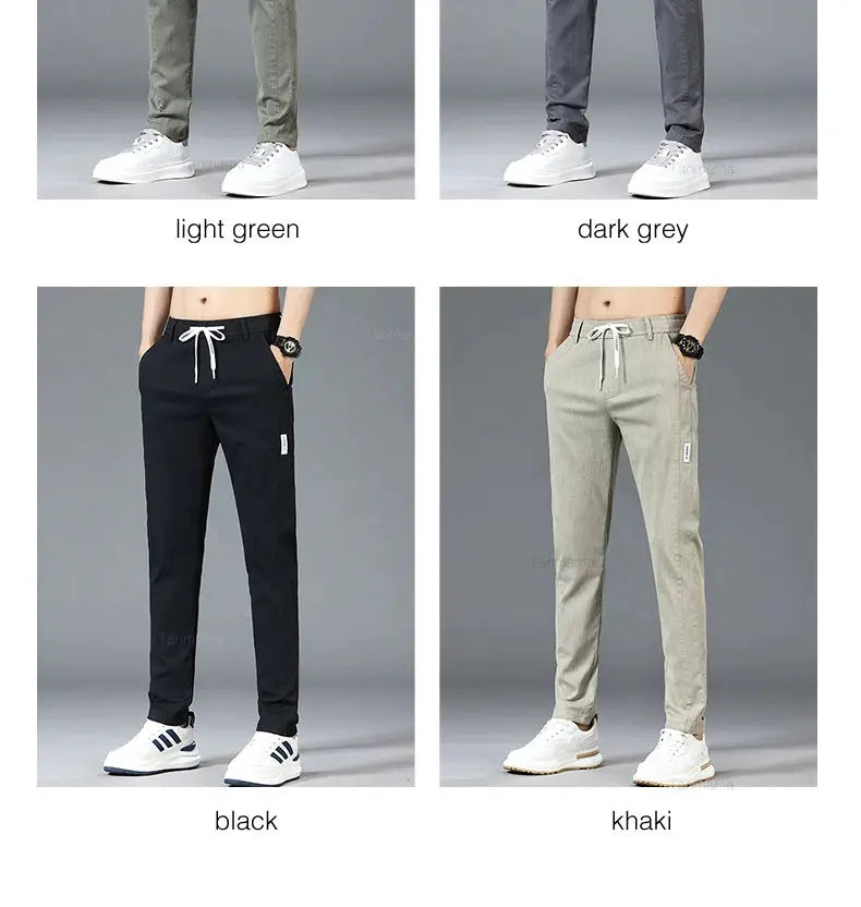Men's casual pants by Simples Market with elastic waist, straight fit, in light green, dark grey, black and khaki.