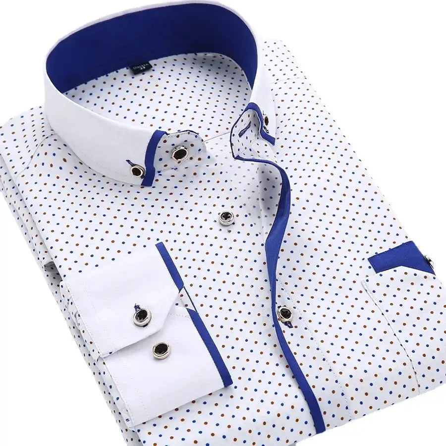 Men's floral button-down shirt, white with blue trim, long sleeves