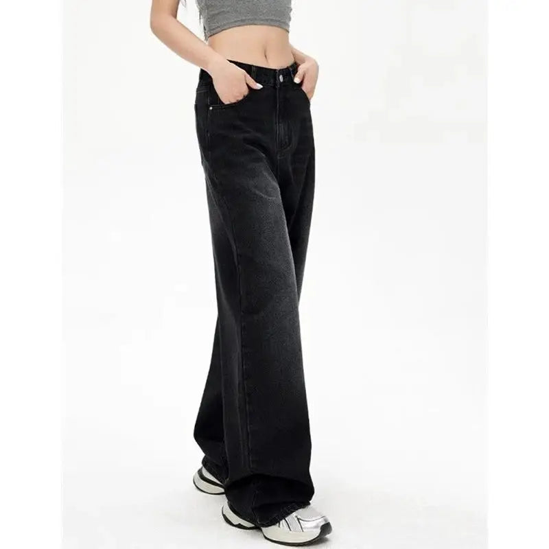 Lady Retro High Waist Black Gray Denim Jeans For Women Straight Leg